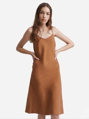 Mate The Label Brown Linen V Cut Neckline Slip Mini Dress